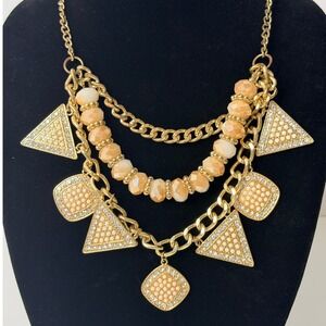 Gold Tone Peach Geometric Bib Statement Necklace Faux Pearl Rhinestone Tiered